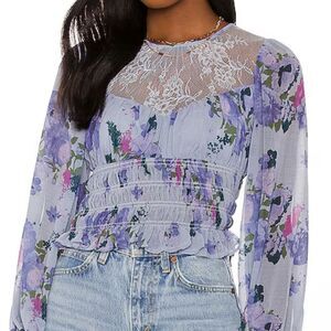 NWT Free People Daphne Blouse in Silver Blue Combo - Size Small